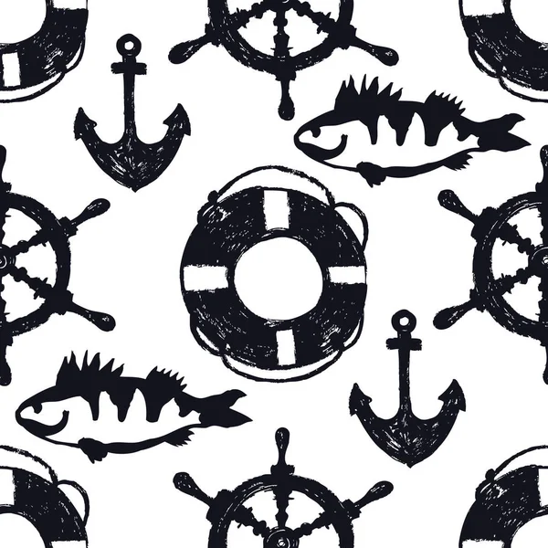 Statku koło, koło ratunkowe, ryb i kotwicy Seamless pattern styl szkic — Wektor stockowy