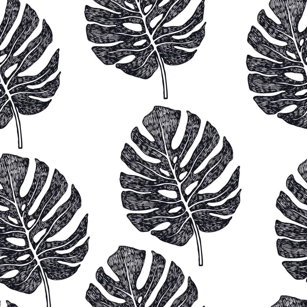 熱帯のヤシのモンステラの葉ベクターのシームレスなパターン黒の背景 — ストックベクタ