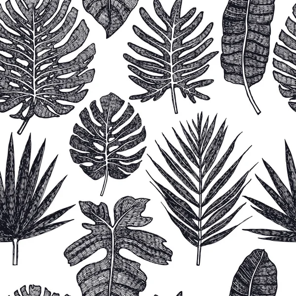 熱帯のヤシの葉シームレス パターン黒の背景 — ストックベクタ