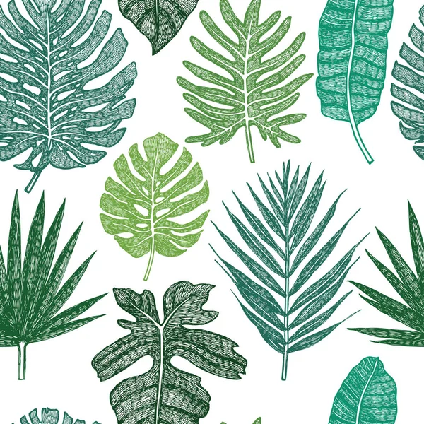 熱帯のヤシの葉シームレス パターン緑の背景 — ストックベクタ