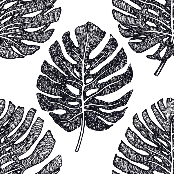 Palmier tropical Feuilles de Monstera Modèle sans couture Fond noir — Image vectorielle