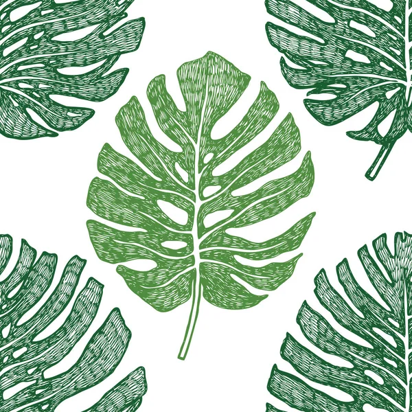 熱帯のヤシのモンステラの葉シームレス パターン緑の背景 — ストックベクタ