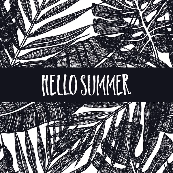 Feuilles Palmier Tropical Hello Summer Ensemble Illustrations Vectorielles Noires — Image vectorielle