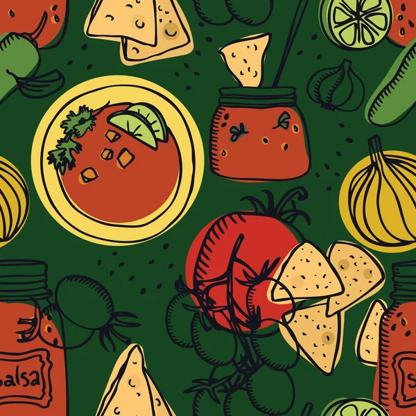 Vegetarische maaltijden-collectie heerlijke tomatensalsa met chips Seamless patroon groene achtergrond — Stockvector