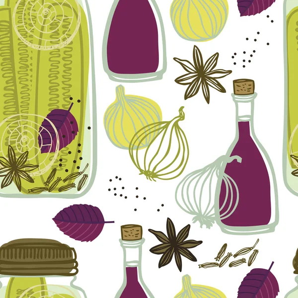 Los frascos con pepinos picantes y cebollas Verduras conjunto Patrón sin costuras — Vector de stock