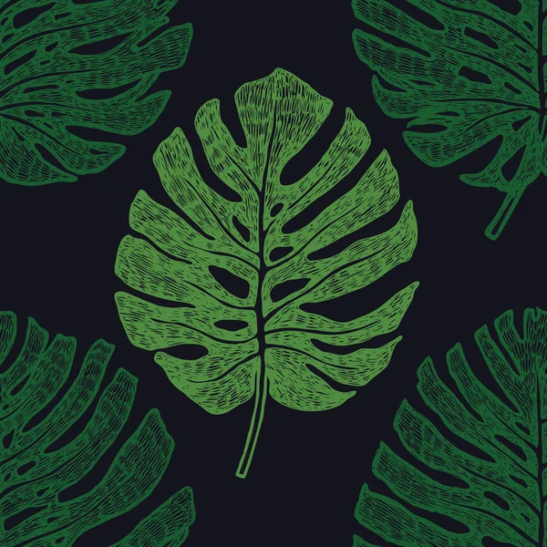 Tropikal palmiye yaprakları Monstera yeşil renk sorunsuz imkanı siyah arka plan desen — Stok Vektör