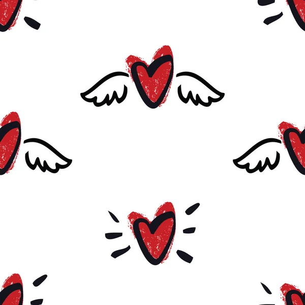 心の翼手描画シームレス パターン バレンタインの日イラスト — ストックベクタ
