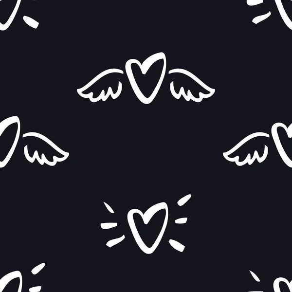 Hart met vleugels naadloze patroon Valentijn zwarte achtergrond — Stockvector