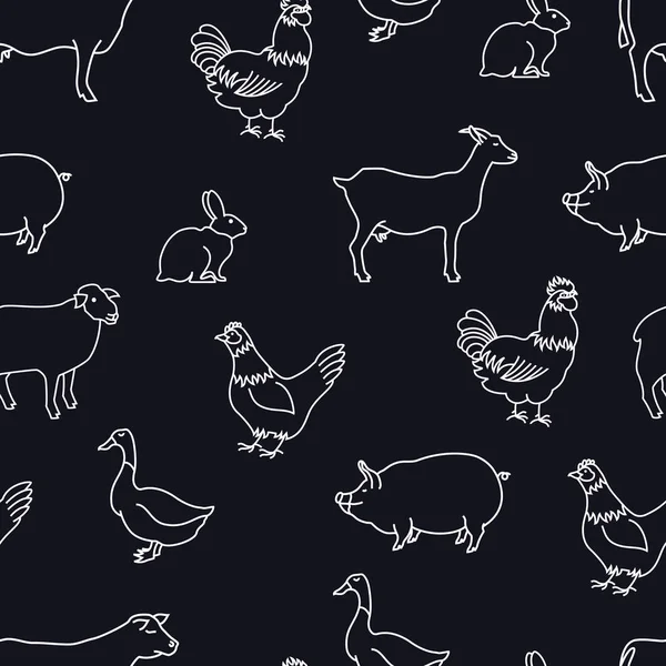 Linie hospodářská zvířata Seamless pattern černé pozadí — Stockový vektor