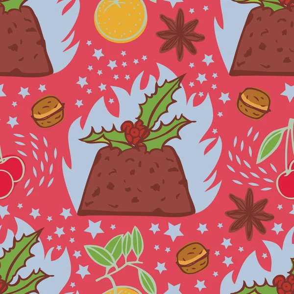 Flaming Christmas pudding Seamless pattern Pink background — Stock Vector