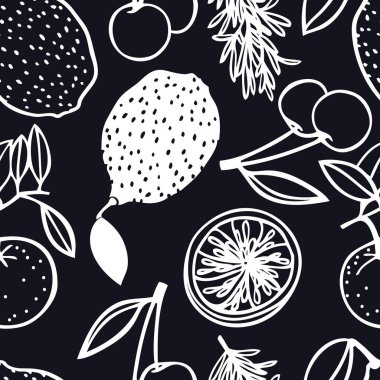 Taze meyve limon ve kiraz biberiye otlar sorunsuz imkanı siyah arka plan desen