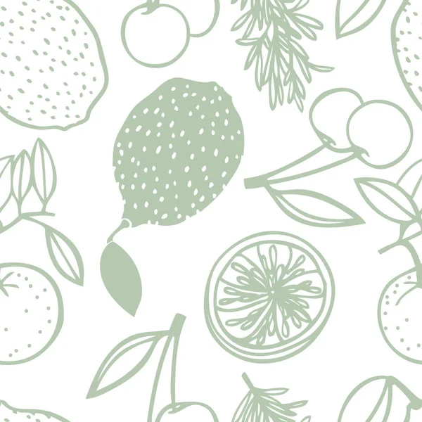 Свежие фрукты Лимоны и вишня Розмари травы Бесшовный узор — стоковый вектор