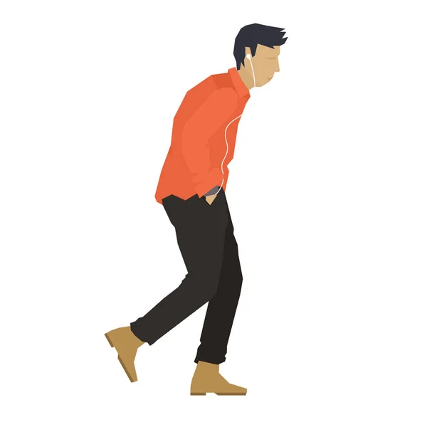 Joven con camisa roja escuchando música en auriculares Objeto aislado Ilustración vectorial — Archivo Imágenes Vectoriales