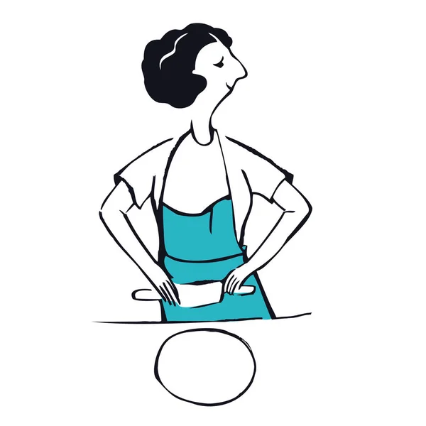 Comment rouler la pâte avec un rouleau à pâtisserie Une femme portant un tablier bleu Objet isolé Illustration vectorielle — Image vectorielle