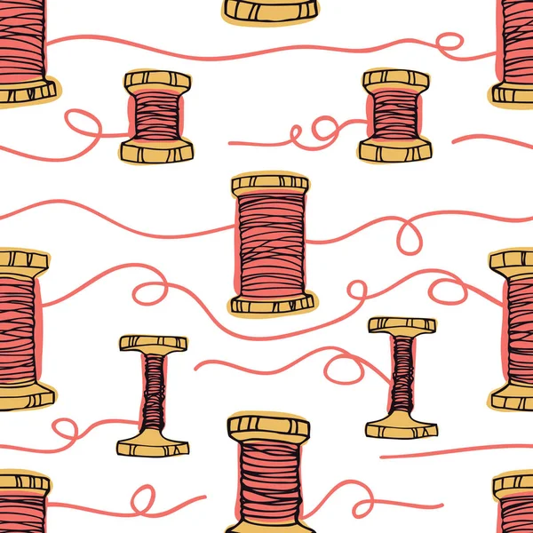 Retro wooden reels of thread Living coral color Hand drawing Seamless pattern — Stock Vector