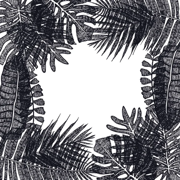 Cornice di foglie di palma tropicale Disegno a mano illustrazione Colore nero — Vettoriale Stock