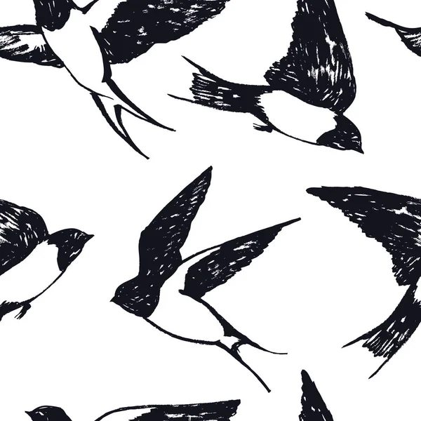 Fliegende Schwalben Hand Zeichnung nahtlose Muster — Stockvektor