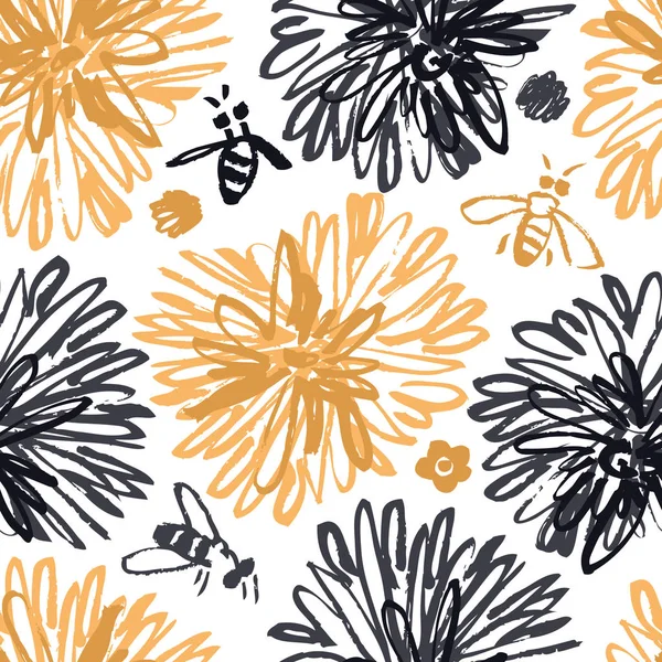 Sketched Floral seamless pattern with Bees — Stock Vector