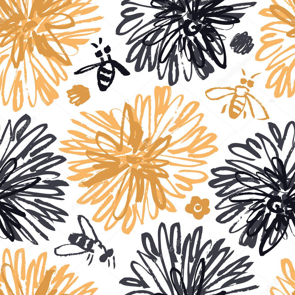 Sketched Floral seamless pattern with Bees