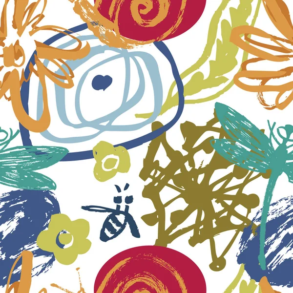 Abstrakt blommig bakgrund med bin, trollsländor och sniglar — Stock vektor