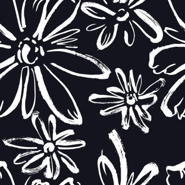 Soyut desen beyaz çiçekler siyah arka plan kroki stil