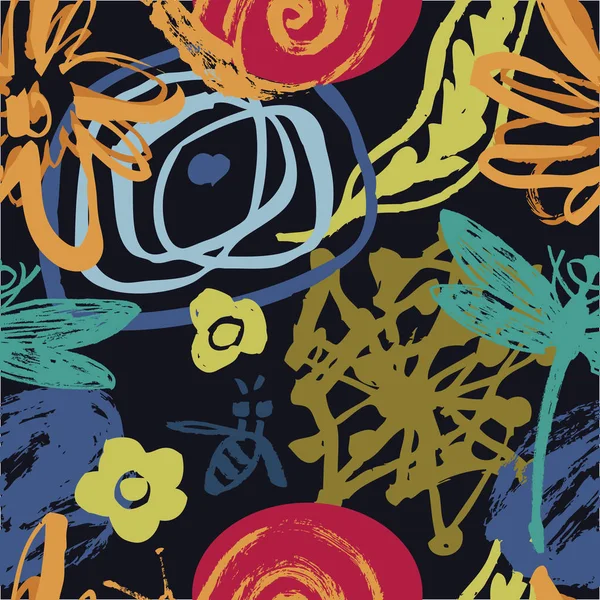 Patrón floral abstracto con abejas, libélulas y caracoles Fondo negro — Archivo Imágenes Vectoriales