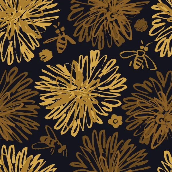 Szkic złote kwiaty bezszwowe wzór z pszczół — Wektor stockowy