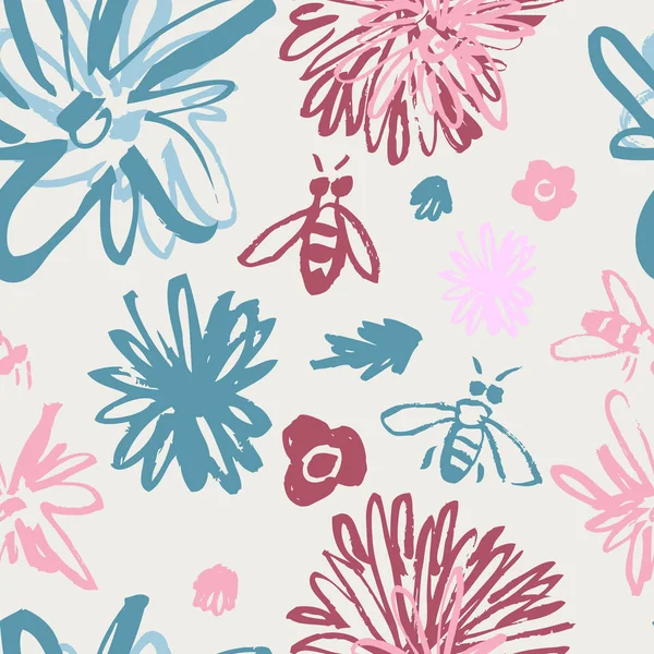ミツバチブルーとピンクの背景を持つファンキーな花柄 — ストックベクタ