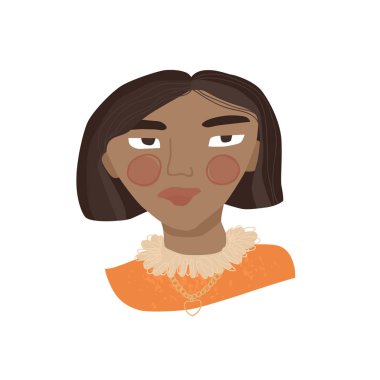 Vektör İllüstrasyon Turuncu elbise Düz simgeler giyen koyu tenli kız