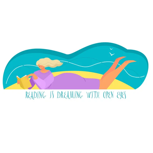Vektorová ilustrace dívky, která čte knihu na pláži módní styl a barvy čtení se sní o otevřených očích — Stockový vektor