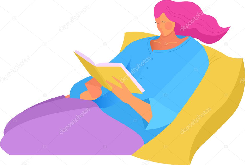 Vector illustration of a girl reading a book resting on a big yellow pillow Trendy style and colors Isolated object