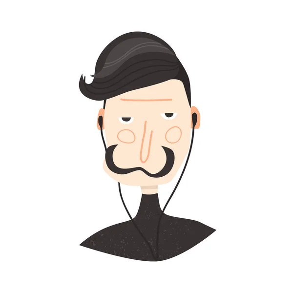 Svarthårig man med en svart mustasch i hörlurar människor platt avatarer vektor illustration — Stock vektor
