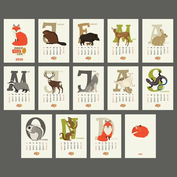 A naptár 2020 vadon élő állatok erdei élet — Stock Vector