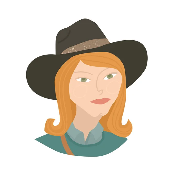 Ilustración de vectores Mujer pelirroja con sombrero Iconos planos — Vector de stock