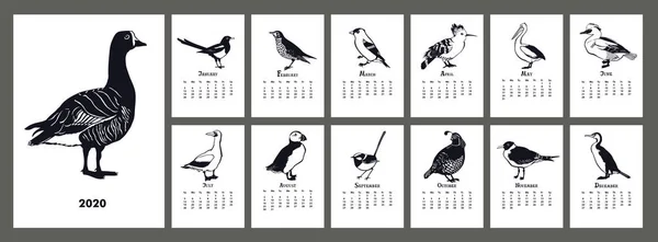 The calendar 2020 The Birds Black silhouette — Stock Vector