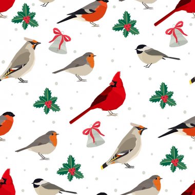 Vektör illüstrasyon Dikişsiz desen Noel holly ağaçları ve çanları ile Kış kuşlar