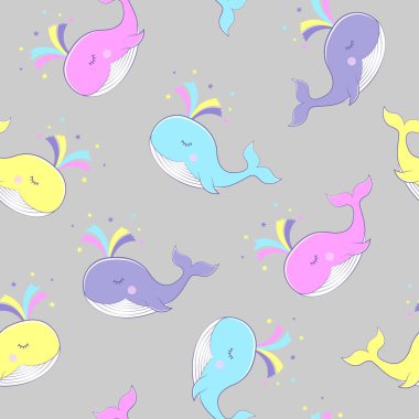Renkli balinaların görüntü ile sorunsuz arka plan. Vektör çizim. Desen. Vektör