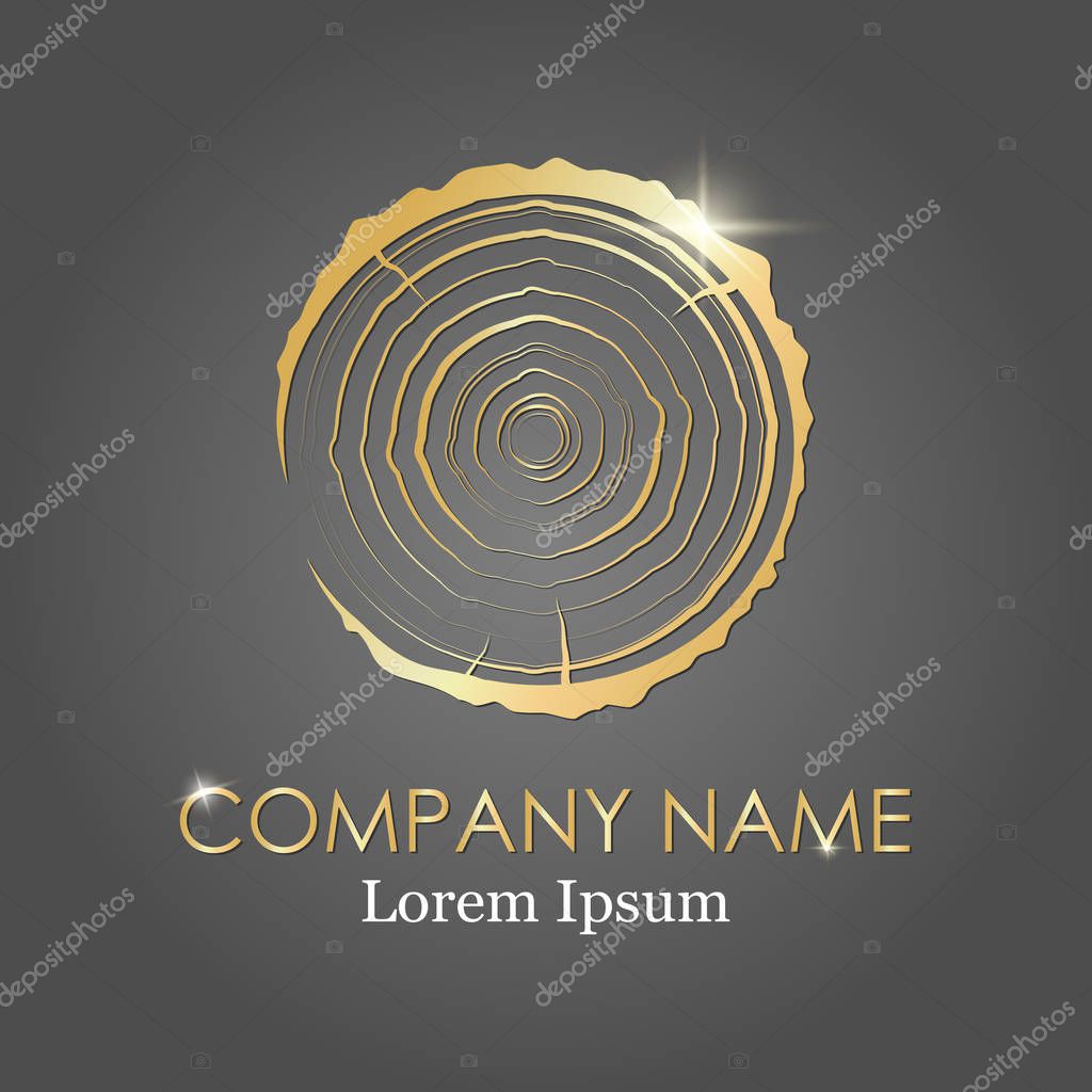 Golden cross-section of the trunk with tree rings. Wood icon. Rings of tree growth. flat icon. Vector illustration. Logo gold