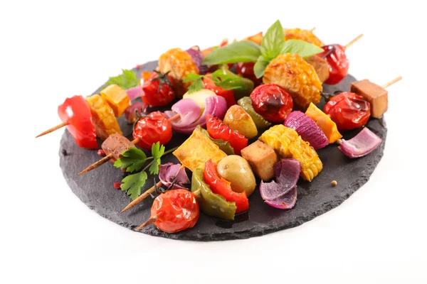 Close Photo Roasted Vegetables Herbs Black Plate — Stock Photo, Image