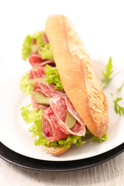 Close Foto Van Sandwich Met Salami Salade — Stockfoto