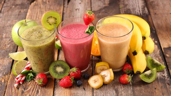 Assorted Fruit Smoothies Wooden Table — Stock Photo, Image