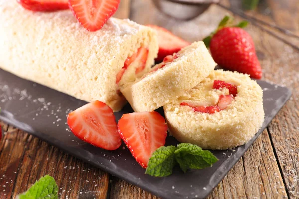 Strawberry Pie Cream Wooden Table — Stock Photo, Image