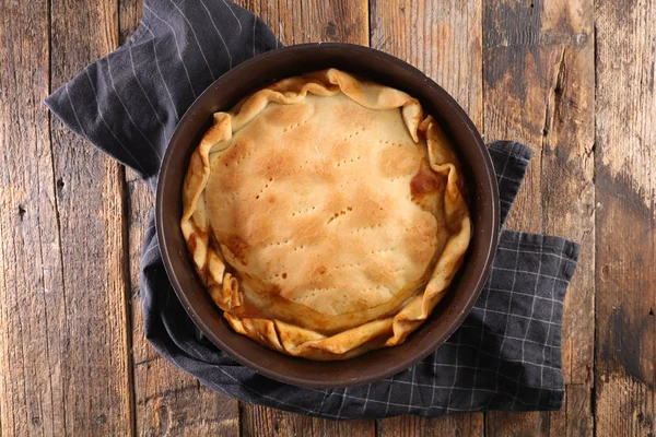 Tarte Viande Tourte Sur Table Bois — Photo