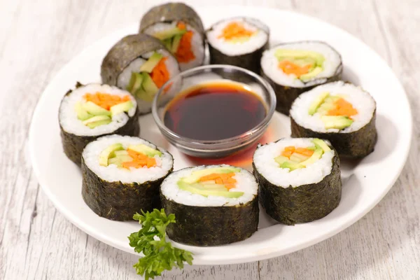 Close Foto Van Sushi Sojasaus Plaat — Stockfoto