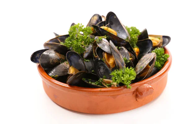 Close Photo Boiled Mussel Parsley — Stock Photo, Image