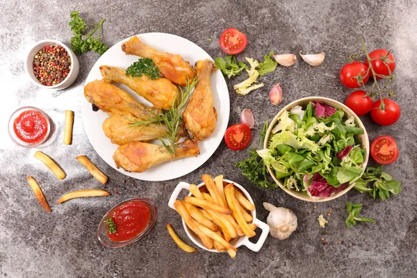 Grilled Chicken Legs French Fries Salad — Stock Photo, Image