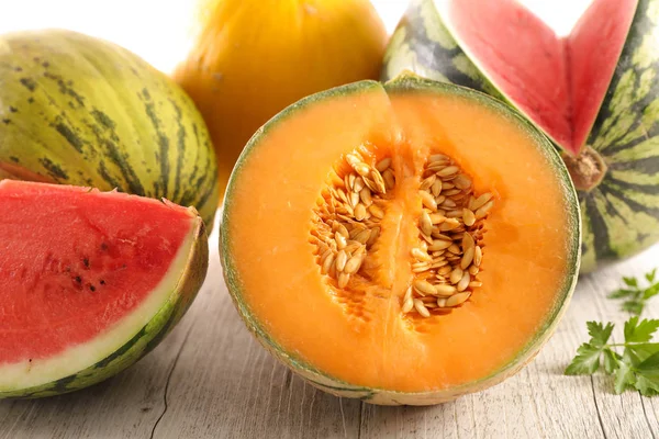 Färsk Melon Och Vattenmelon Bakgrund Närbild — Stockfoto