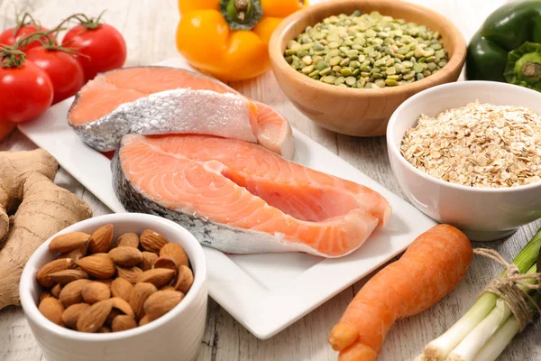 Alimentação Saudável Dieta Ingredientes Alimentares Com Samlmon — Fotografia de Stock