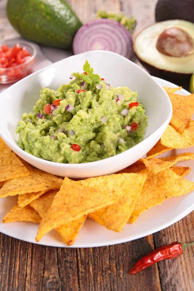 Tortilla Čip Guacamole Zblízka Střílel — Stock fotografie