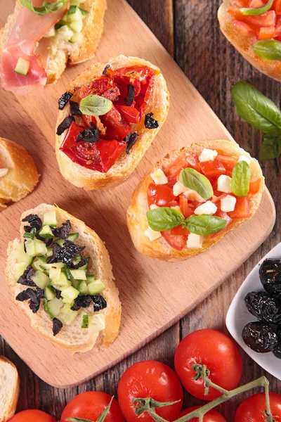 Różne Bruschetta Zbliżenie — Zdjęcie stockowe